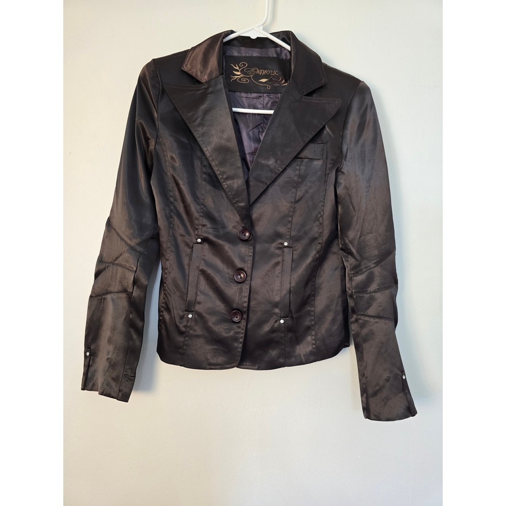 Hypnotic Blazer Satin Womens Y2K Vintage Brown Rhinestone Accents